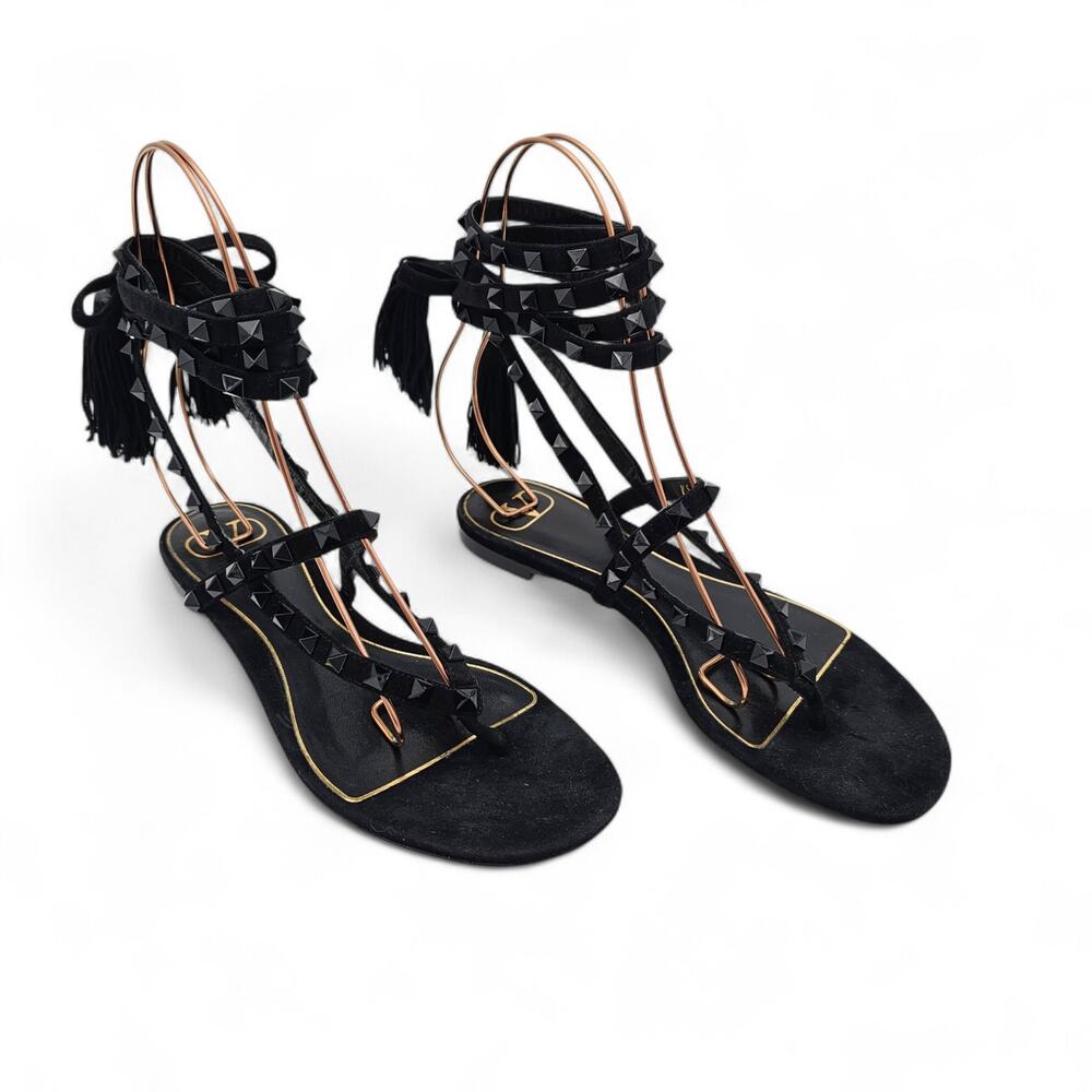 Valentino Garavani Rockstud Gladiator Flat Sandal Black Suede Size 37.5 US 7.5 - Picture 1 of 12